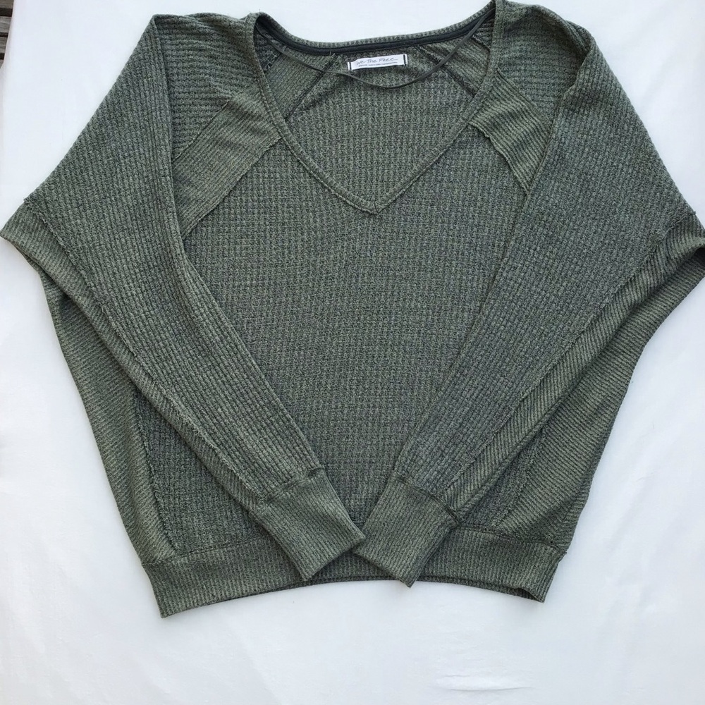 We The Free Olive Green Ribbed V-Neck Sweater
